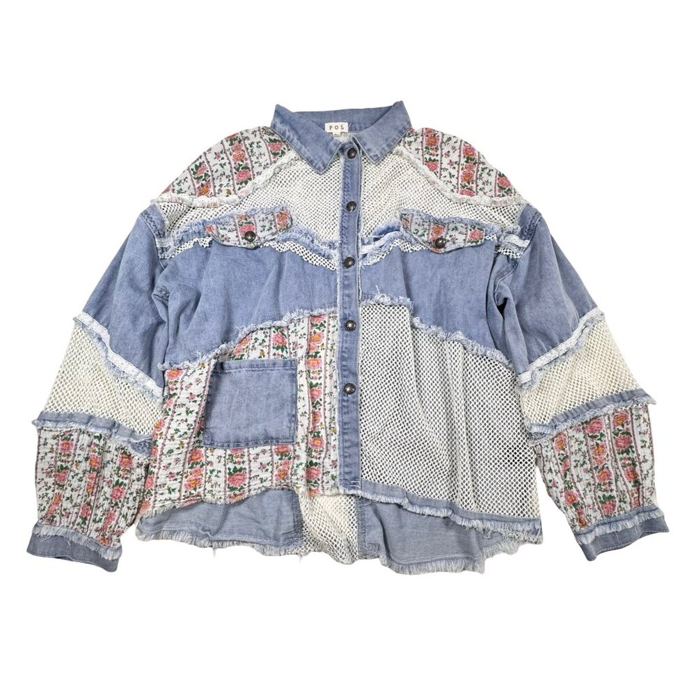 POL Patchwork Denim Jacket Shacket SZ L Blue Flor… - image 7